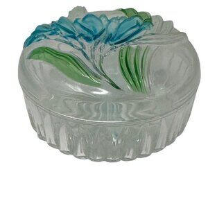 Vintage Clear Lucite Plastic Powder Box Blue Green Floral Starburst Ribbed